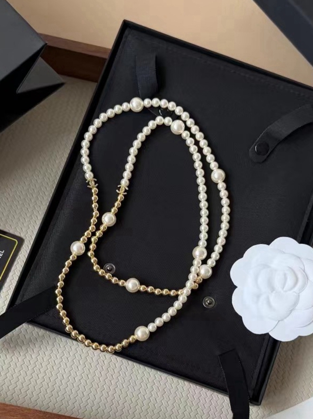 ✨Chanel Mixed-Size Pearl & Gold Bead Long Sautoir Necklace
